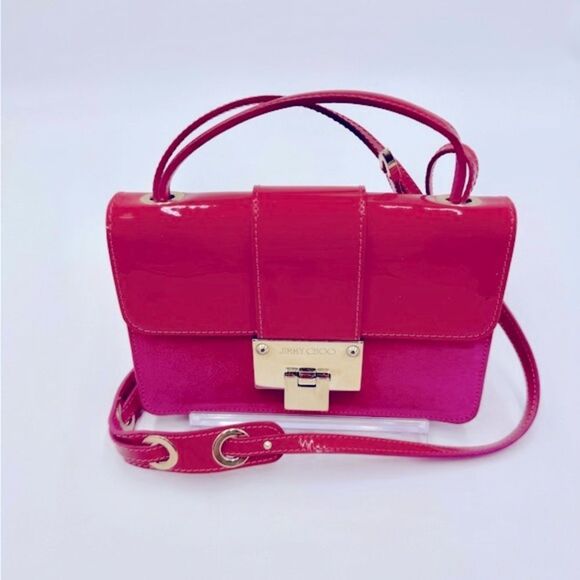 Auth Jimmy Choo Pink Patent Leather Suede 2way Rebel Crossbody Bag Preloved - Picture 3 of 14